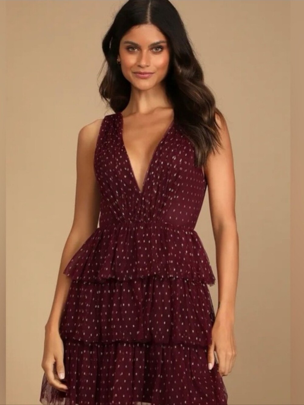 Women's Burgundy Tiered V-Neck Dress